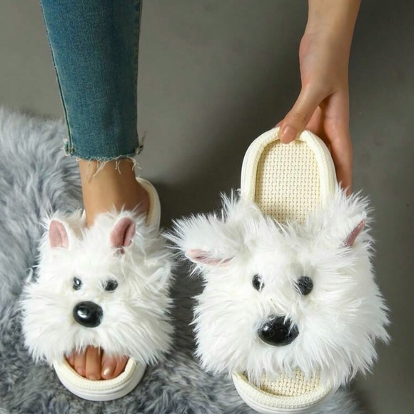 Dog Cloud Slides slippers puppy house shoes plush fur women’s teen’s 7 7.5 white - Picture 4 of 9
